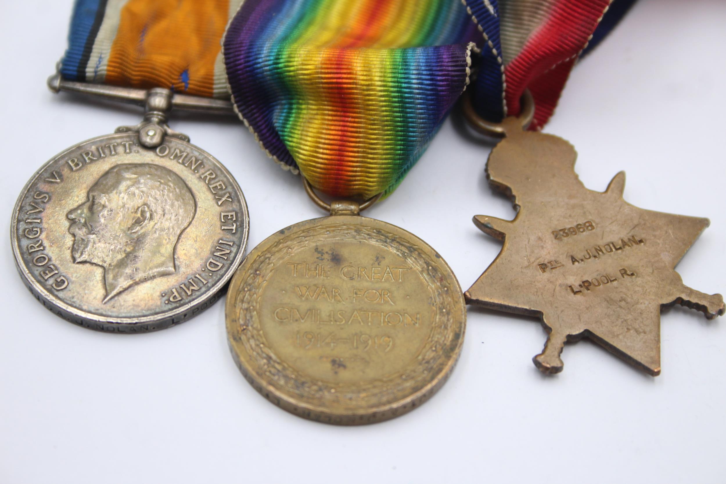 WW1 1914-15 Star Trio w/ Original Ribbons To 23968 PTE SHT A?.J Nolan Liverpool // In antique