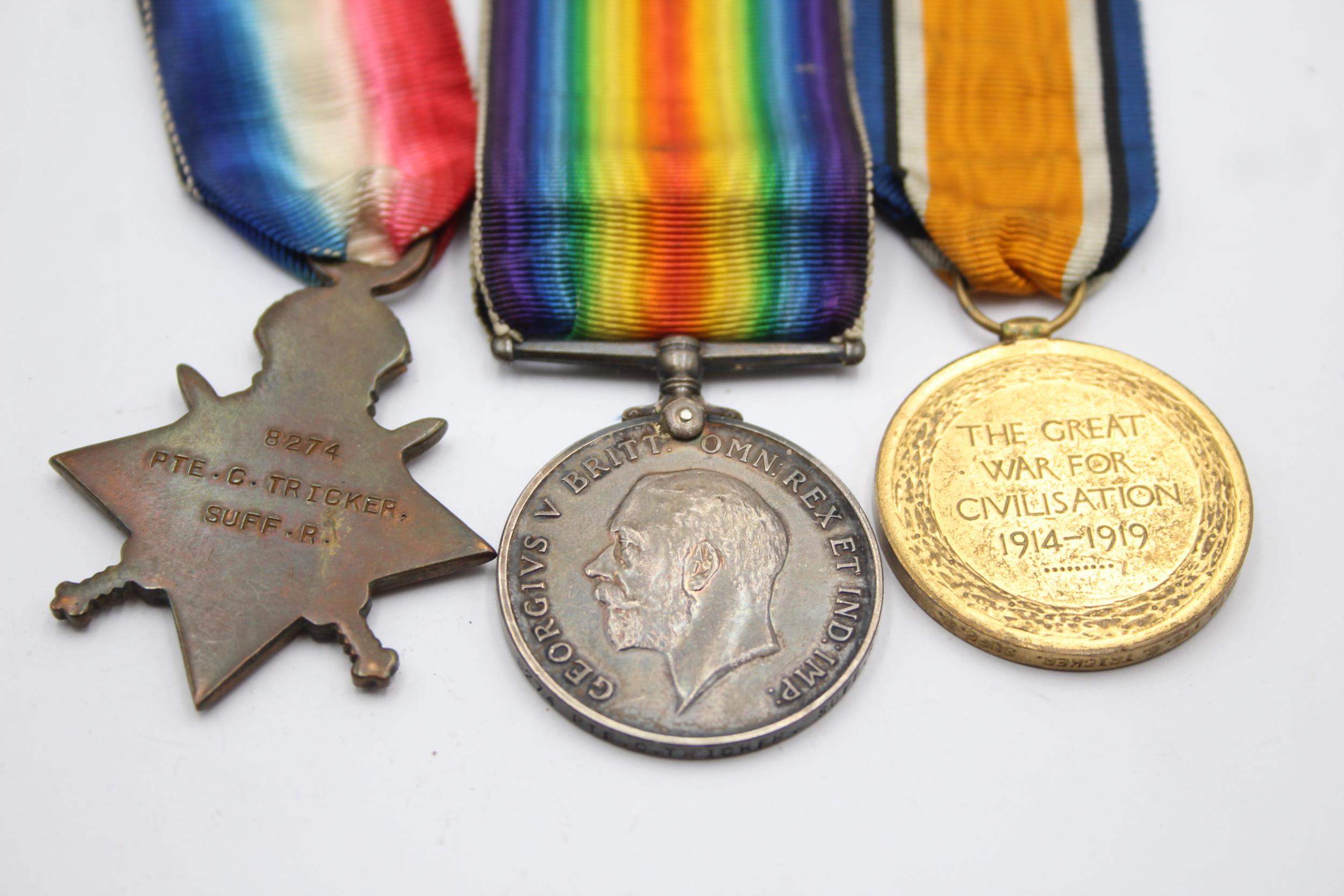 WW1 1914-15 Star Trio w/ Original Ribbons To 8274 PTE C.Tricker Suffolk Regt // In antique condition - Image 2 of 5