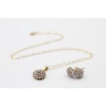 9ct Gold Diamond Cluster Pendant Necklace & Stud Earrings Set (2.6g)