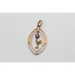 9ct Rose And Yellow Gold Seed Pearl And Garnet Openwork Lavalier Pendant (1.2g)