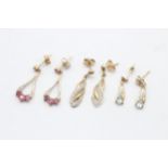 3 X 9ct Gold Paired Gemstone Earrings Inc. Ruby, Aquamarine & Diamond (4.5g)