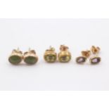 3 X 9ct Gold Paired Gemstone Stud Earrings Inc. Tanzanite, Peridot & Nephrite (3g)