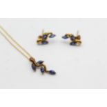 9ct Gold Synthetic Sapphire Pendant Necklace & Earrings Set (2.8g)