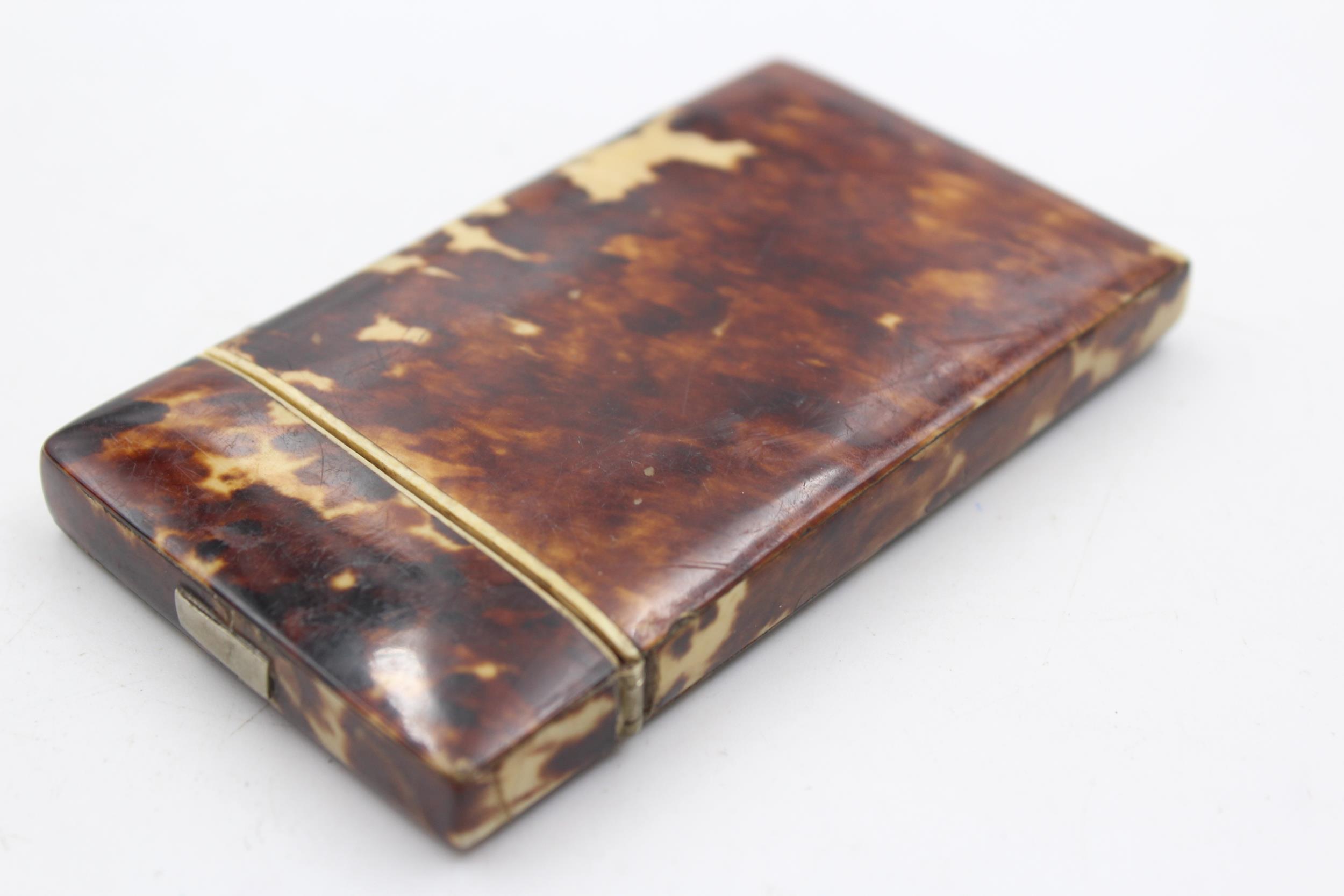 Antique / Vintage Tortoiseshell Calling Card Case // w/ Horse Themed Porcelain Pannel, Turquoise - Image 4 of 6