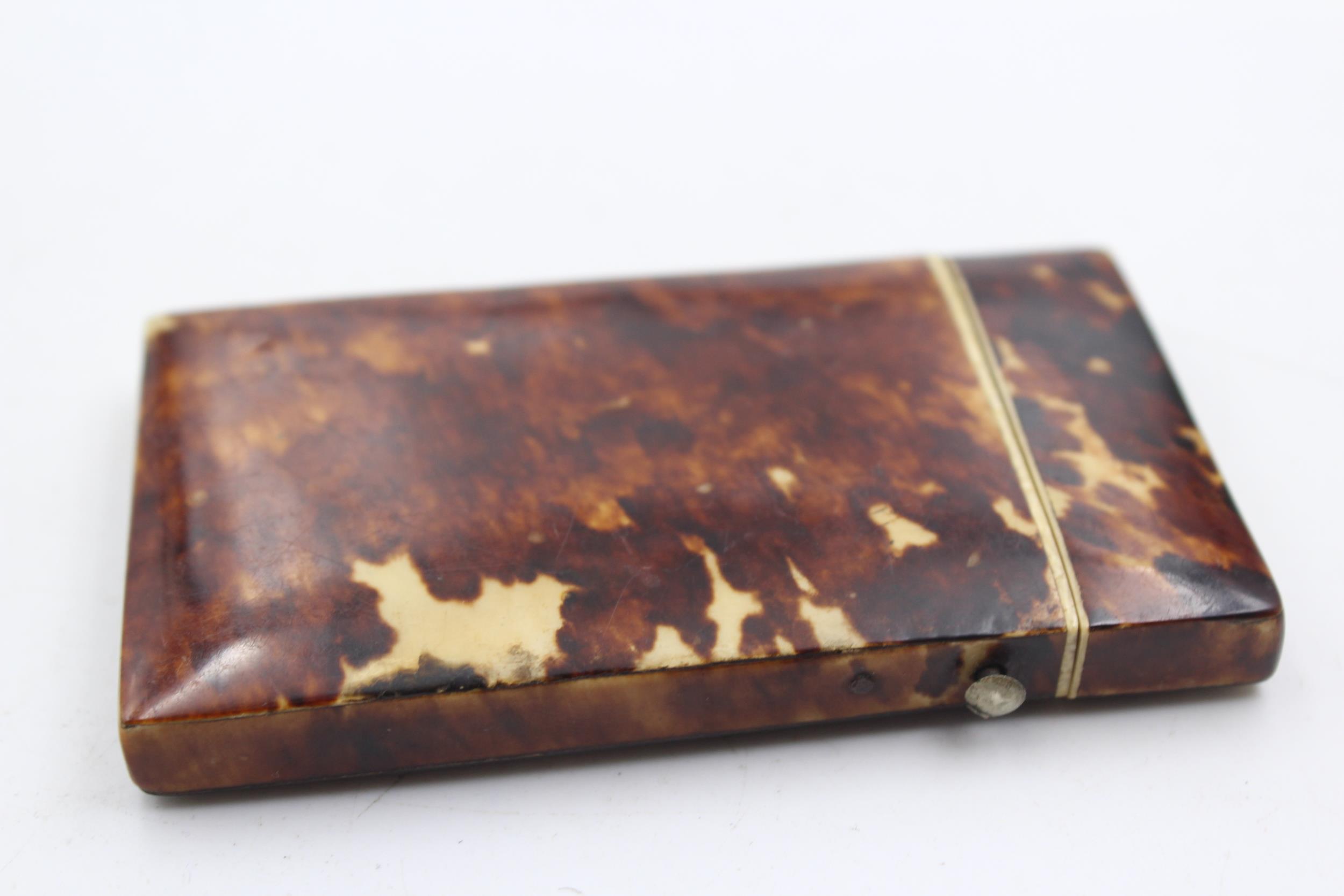 Antique / Vintage Tortoiseshell Calling Card Case // w/ Horse Themed Porcelain Pannel, Turquoise