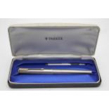 Vintage PARKER 61 Brushed Steel FOUNTAIN PEN w/ Gold Plate Nib WRITING Boxed // Vintage PARKER 61