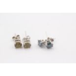 2 X 9ct White Gold Paired Gemstone Stud Earrings Inc. Treated Blue Diamond & Green Gemstone (1.8g)