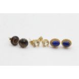 3 X 9ct Gold Paired Gemstone Dress Earrings Inc. Lapis Lazuli, Smoky Quartz & Heliodor (5.8g)