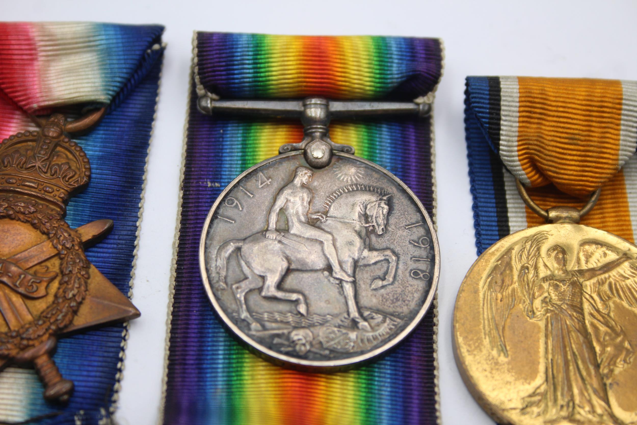 WW1 1914-15 Star Trio w/ Original Ribbons To 8274 PTE C.Tricker Suffolk Regt // In antique condition - Image 4 of 5