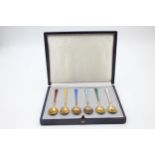 6 x Vintage Stamped .925 Denmark STERLING SILVER Guilloche Enamel Teaspoons 47g // Cased Length -