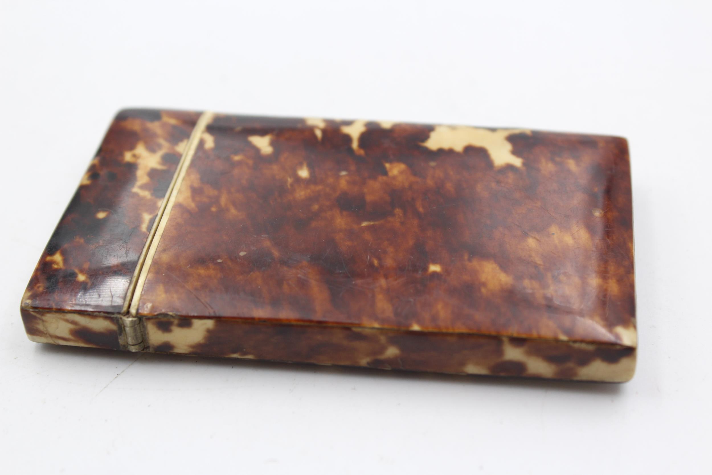 Antique / Vintage Tortoiseshell Calling Card Case // w/ Horse Themed Porcelain Pannel, Turquoise - Image 3 of 6