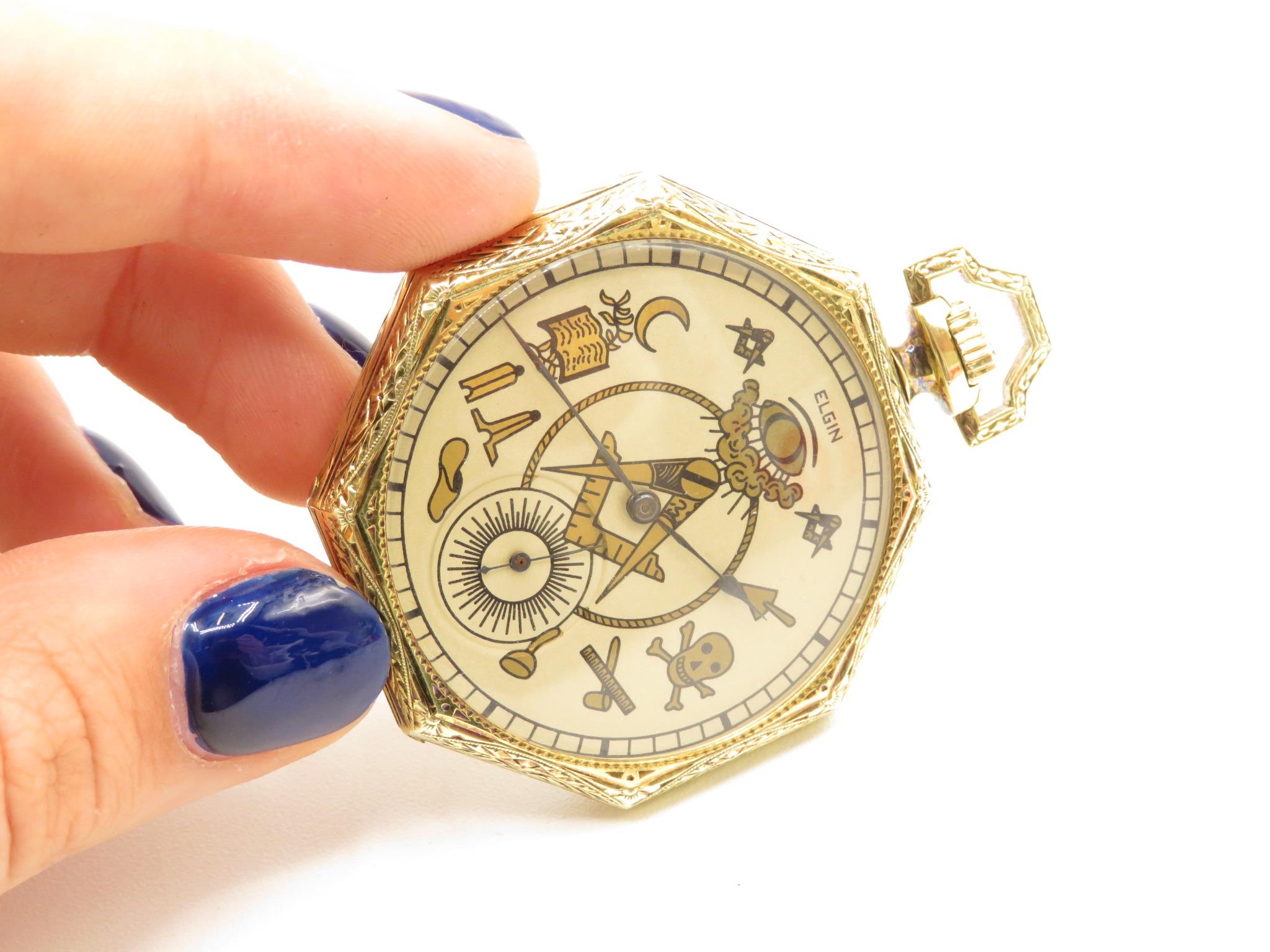 14ct gold Elgin Masonic pocket watch 43mm case with Masonic symbols on dial, movement marked Elgin - Image 2 of 6