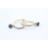 9ct Gold Diamond And Enhanced Blue Diamond Flower Cluster Drop Hoop Earrings (2.6g)