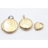 3 X 9ct Back & Front Gold Vintage Etched Lockets Inc. Hearts & Round (10.3g)