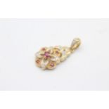 9ct White And Yellow Gold Diamond And Ruby Paved Ornate Drop Charm Pendant (2.5g)