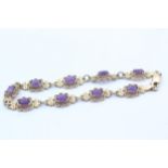 9ct Gold Amethyst Oval Ornate Frame Bezel Links Chain Bracelet (7.3g)