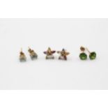 3 X 9ct Gold Paired Gemstone Stud Earrings Inc. Diopside, Topaz, Amethyst, Garnet, Peridot & Citrine