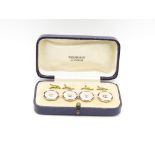 Set of 4x 14ct and enamel and Mother of Pearl buttons in Selfridges of London leather box 5.2g total