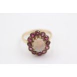 9ct Gold Oval Opal And Ruby Halo Cluster Dress Ring (3.6g) Size Q