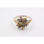 9ct Gold Vari-Hue Sapphire & Diamond Stylised Floral Cluster Dress Ring (3.1g) Size R 1/2