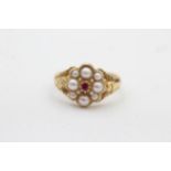 18ct gold Georgian pearl and ruby set cluster ring (3.1g) Size L
