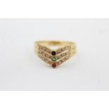 18ct gold vintage diamond, sapphire, ruby and emerald set wishbone ring (2g) Size N+1/2