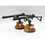 2x 9.5" mounted sub machine gun 9mm cast metal miniatures on wooden stands