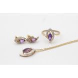 3 x 9ct gold diamond accented marquise cut amethyst earring, necklace, and ring set (5.5g) Size M+