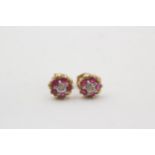 9ct gold vintage ruby and diamond set cluster earrings (1.1g)