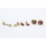 3 x 9ct gold paired gemstone earrings inc. amethyst, peridot & garnet (2.3g)