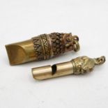 2 x Antique / Vintage Ladies Chatelain WHISTLES Inc Gold Plate, Novelty, Brass // In antique /