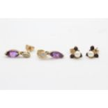 2 x 9ct gold paired gemstone earrings inc. amethyst, sapphire, pearl & diamond (2.4g)