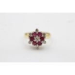 18ct gold diamond and ruby set floral cluster ring (3.5g) Size l+1/2
