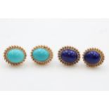 2 x 9ct gold paired gemstone rope bordered earrings inc. lapis lazuli & turquoise (5.5g)