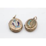 2 x 9ct back & front gold antique oval lockets inc. seed pearl, turquoise & enamel (12.2g)