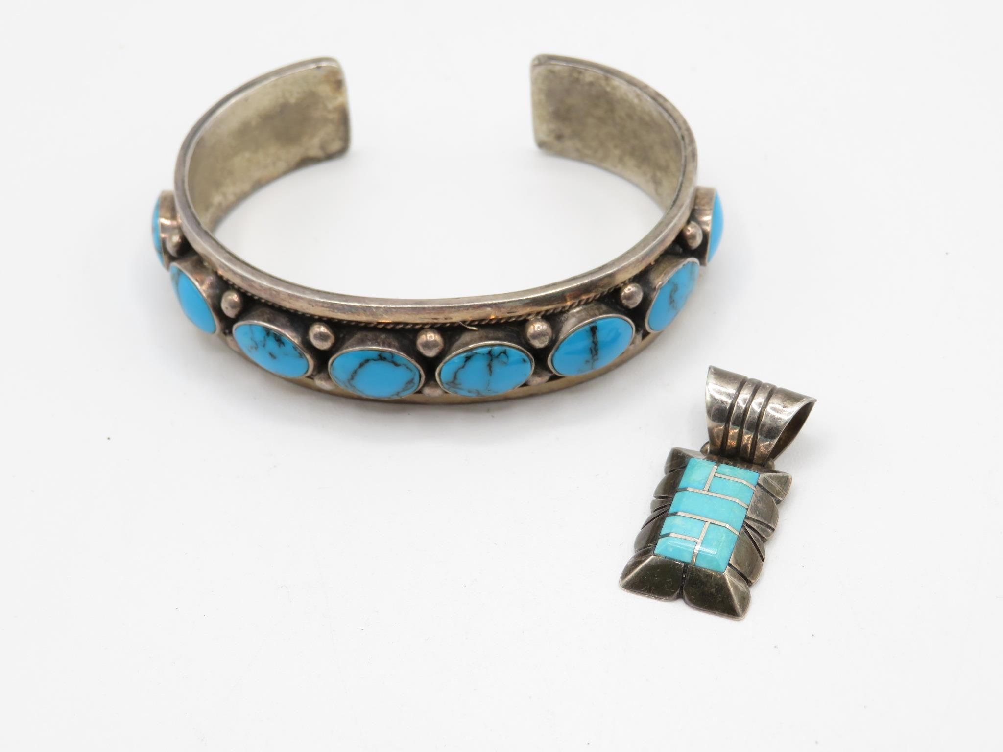 A Silver Gemstone Set Pendant And A Turquoise Set Bangle By C. Benally (44g) - Image 2 of 5