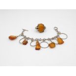 A Modernist Silver Amber Bracelet And Ring (43g)