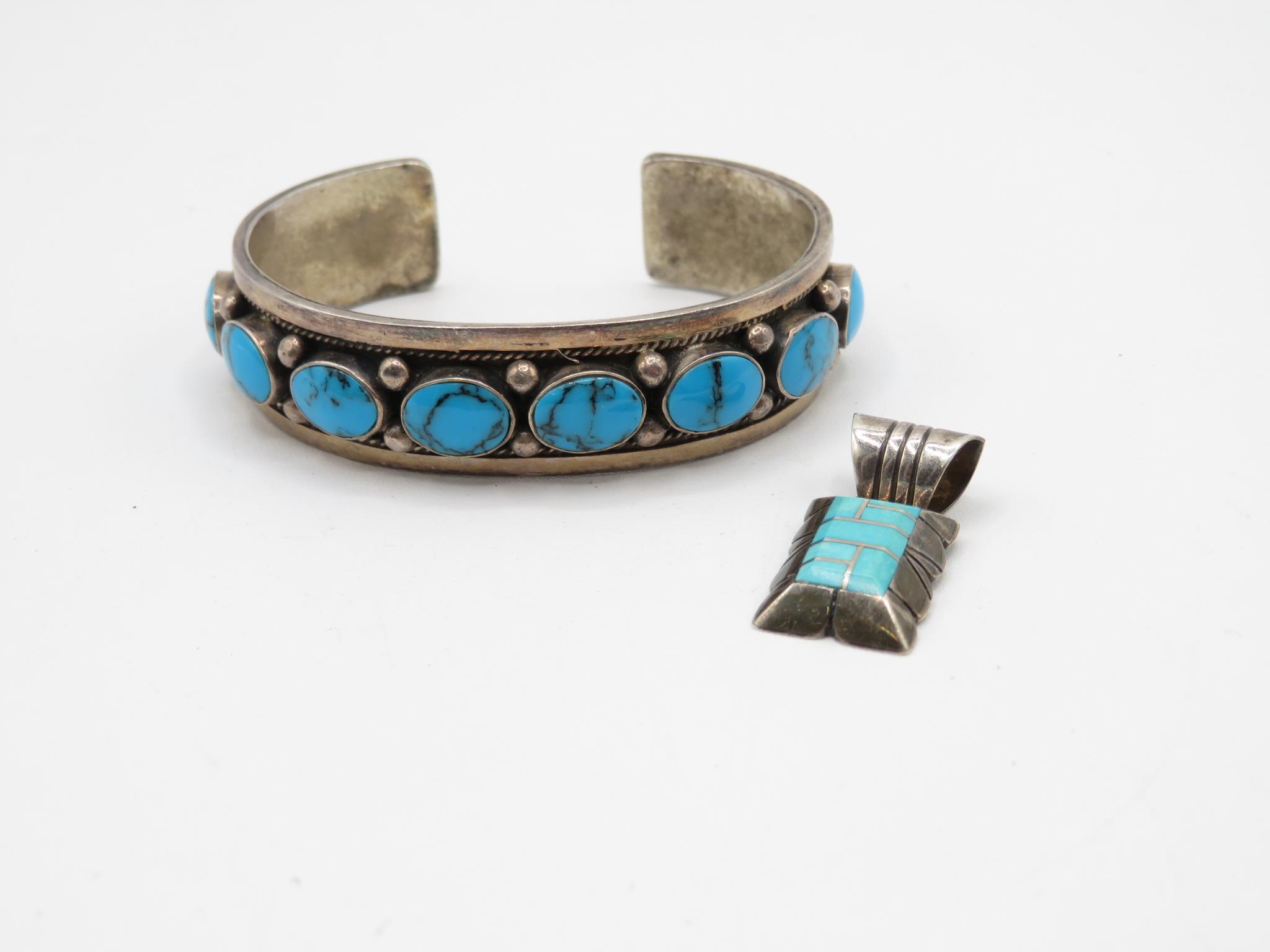 A Silver Gemstone Set Pendant And A Turquoise Set Bangle By C. Benally (44g)