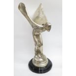 A spirit of ecstasy rolls royce cast mascot bronze with silver plating 16 inches on a marble base