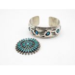 A Silver Gemstone Set Brooch And A Bangle By Pearlene Spencer, Navajo (60g)