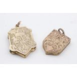 2 x 9ct back & front gold antique foliate shield crest lockets (16.4g)