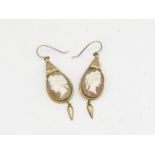 A Pair Of Gold Victorian Carved Shell Cameo Drop Earrings With Replacement Hooks