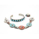 Two Silver Gemstone Inlaid Bracelets And A Ring, Including Navajo (49g)