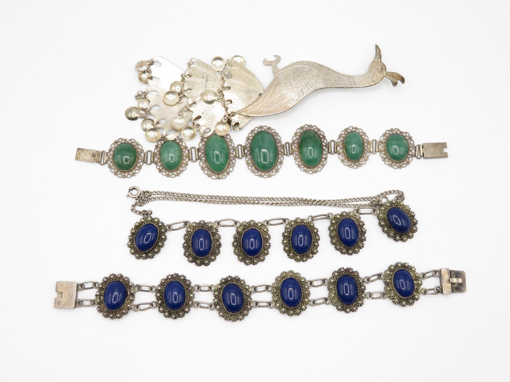 A Silver Filigree Gemstone Set Necklace And Bracelet, And A Silver Peacock Brooch (89g) - Image 2 of 3