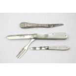 3 x Antique Hallmarked .925 STERLING SILVER Knives Inc MOP Handle (104g) // In antique condition