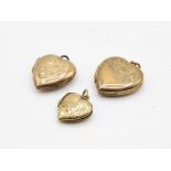 3 X 9ct Gold Back & Front Heart Locket Pendants (7.6g)