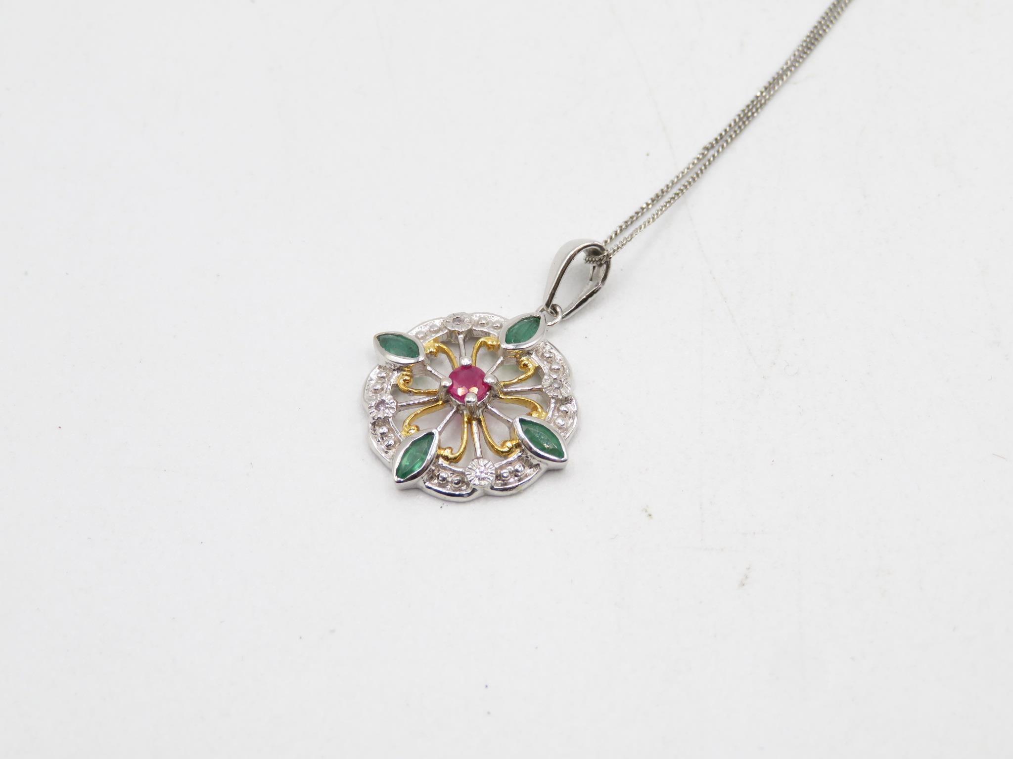 9ct White Gold Diamond, Emerald & Ruby Pendant Necklace (2.8g)