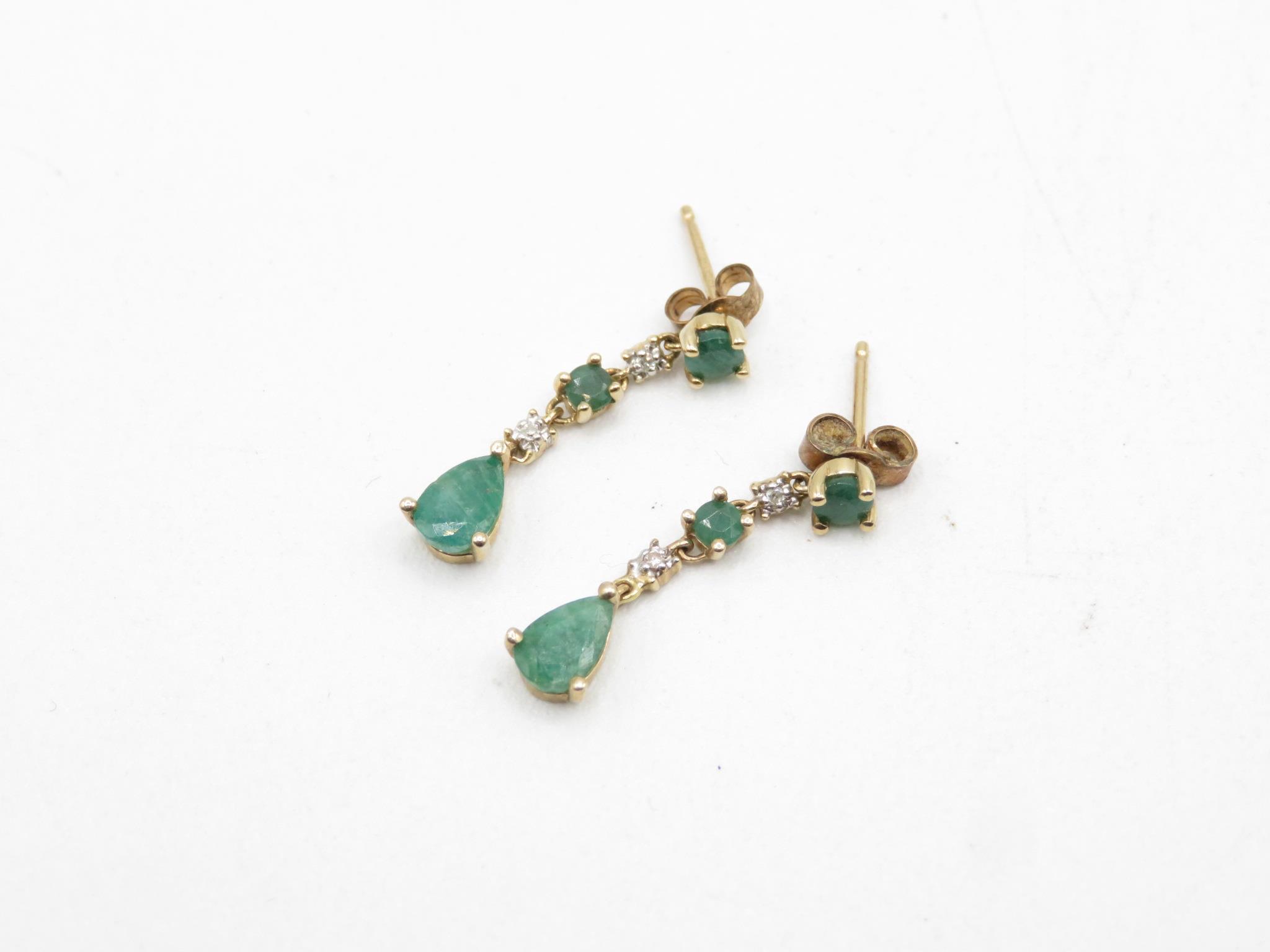 10ct Gold Diamond & Emerald Drop Earrings (1.1g) - Image 2 of 3