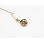9ct Gold Seed Pearl, Amethyst & Peridot Cluster Pendant Necklace (1.7g)