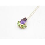 9ct Gold Amethyst & Peridot Pendant Necklace (2.3g)